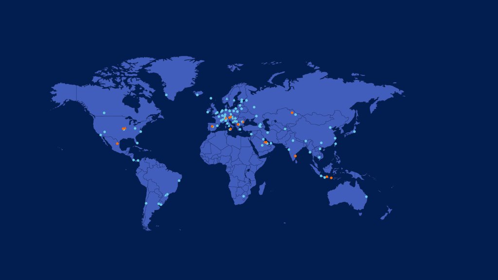 World map showing location of K-root instances