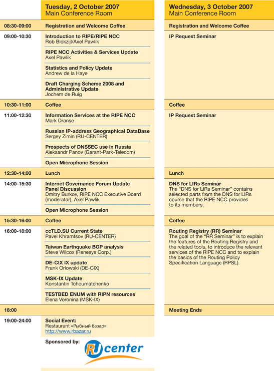 Agenda for  	 RIPE NCC Regional Meeting - Moscow 2007