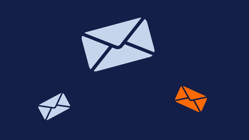 Promotional banner featuring envelope icons on a dark blue background, including one in orange.