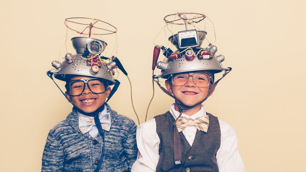 Kids with inventions as hats