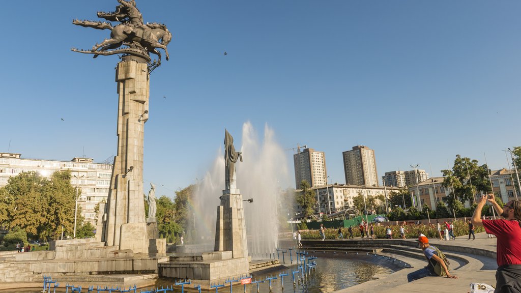 A fountain in Kyrgyzstan with a blue sky in the background